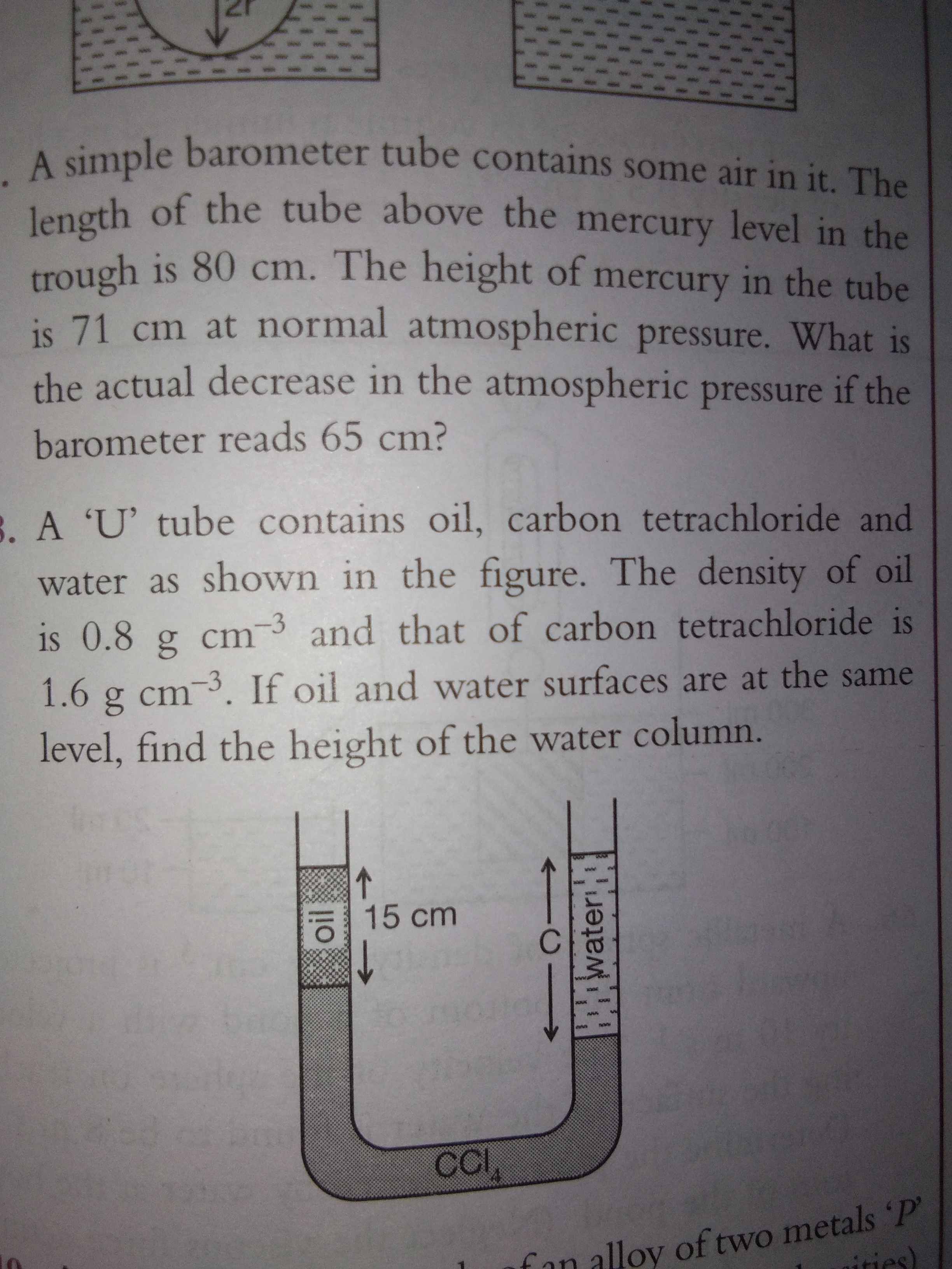 Question image for A Utube contains oil carbon tetrachloride and wat